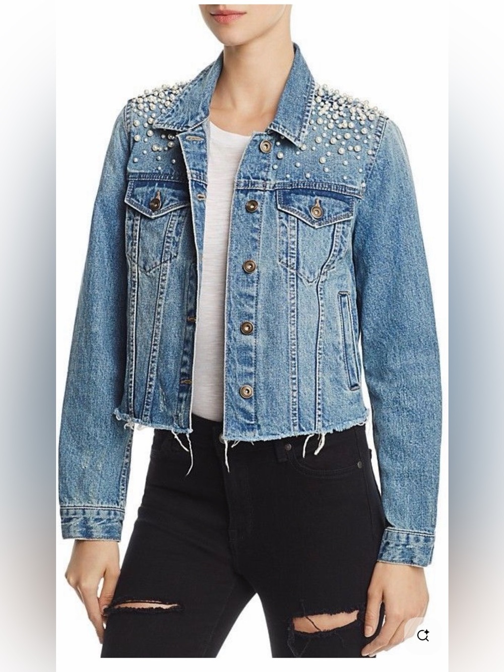 Sunset & Spring Mother of pearl Beaded Cropped Denim Jacket